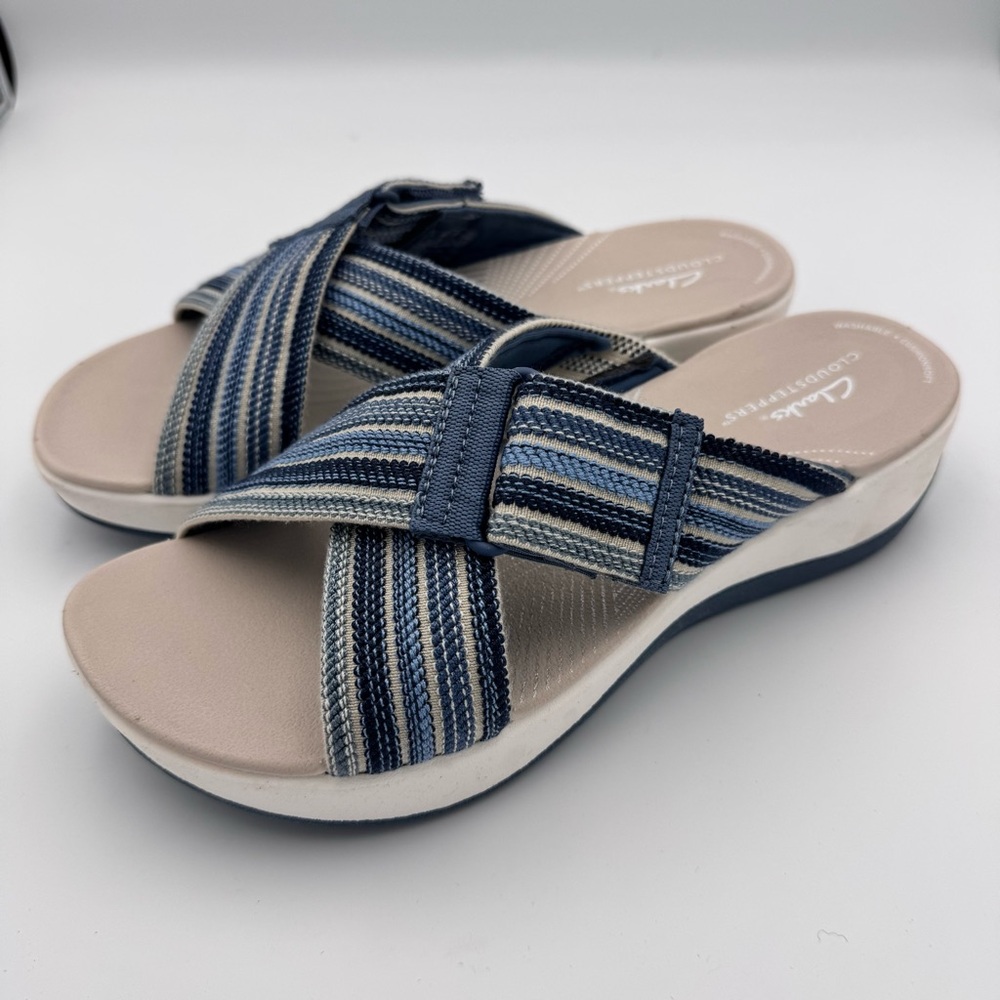NEW Clarks Cloudsteppers Arla Wave Blue Combi Slide Sandals Size 8